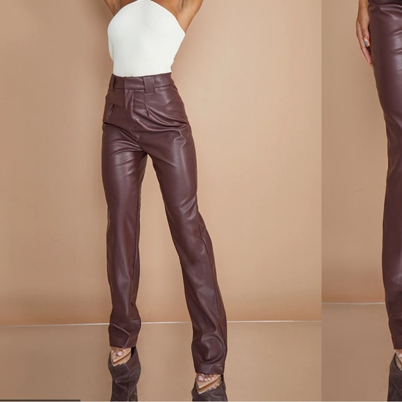 PrettyLittleThing Pants - NWT Pretty Little Thing Dark Chocolate Faux Leather Straight Leg Trousers